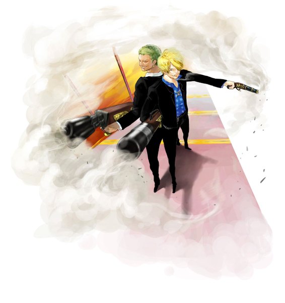 Anime picture 1169x1240 with one piece toei animation roronoa zoro sanji quanro tall image fringe short hair blue eyes blonde hair smile red eyes green hair hair over one eye multiple boys smoke smoking back to back boy weapon