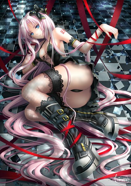 Anime picture 707x1000 with vocaloid megurine luka tidsean single long hair tall image breasts blue eyes light erotic bare shoulders pink hair ass very long hair girl bow ribbon (ribbons) hair bow boots