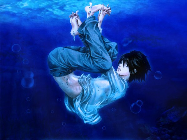 Anime picture 1600x1200 with death note madhouse l (death note) tukiji nao (green glass) single short hair black hair barefoot black eyes legs underwater boy shirt water bubble (bubbles) jeans