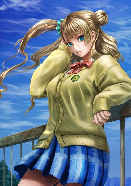 Anime picture 905x1280 with oshiete! gyaru-ko-chan feel (studio) gyaru-ko abazu-red single long hair tall image looking at viewer blue eyes blonde hair sky cloud (clouds) one side up girl skirt uniform school uniform sweater