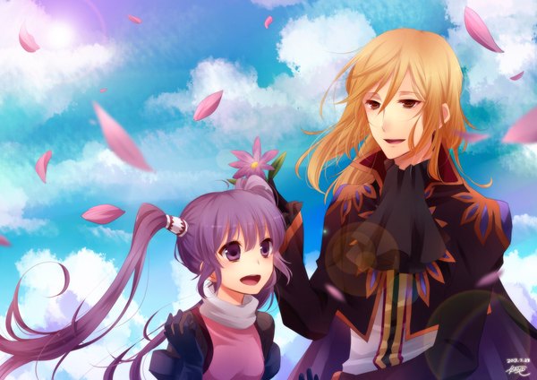 Anime picture 2104x1488 with tales of (series) tales of graces sophie (tales) richard (tales) kisaitu long hair highres open mouth blonde hair red eyes twintails purple eyes sky purple hair cloud (clouds) girl dress boy flower (flowers) suit