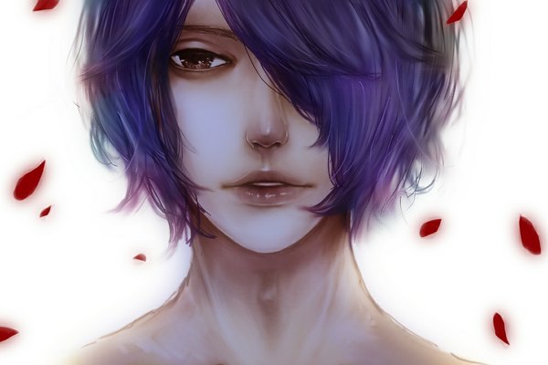 Anime picture 1000x667 with ib (game) garry (ib) single fringe short hair simple background white background brown eyes purple hair hair over one eye boy petals