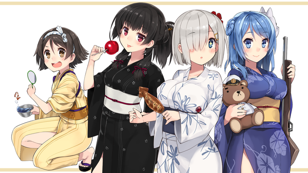 Anime picture 1920x1080 with kantai collection hamakaze destroyer isokaze destroyer admiral (kantai collection) urakaze destroyer tanikaze (kantai collection) kuro chairo no neko long hair looking at viewer blush fringe highres short hair breasts open mouth blue eyes light erotic black hair simple background smile