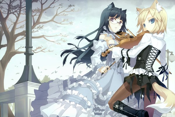 Anime picture 6306x4233 with original h2so4 long hair looking at viewer fringe highres short hair blue eyes black hair blonde hair purple eyes multiple girls animal ears outdoors tail animal tail looking back cat ears scan cat girl