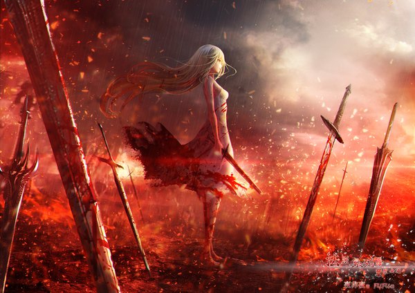 Anime picture 1600x1131 with original fufu single long hair blonde hair standing bare shoulders holding looking away cloud (clouds) full body profile barefoot wind rain bloody clothes blood stains bloody weapon girl dress