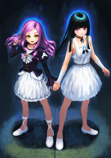 Anime picture 2115x3000 with darkmuleth long hair tall image looking at viewer highres open mouth black hair purple eyes multiple girls green eyes purple hair holding hands dark background girl dress 2 girls