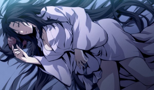 Anime picture 2048x1200 with kajiri kamui kagura g yuusuke long hair highres light erotic black hair wide image game cg eyes closed sleeping girl