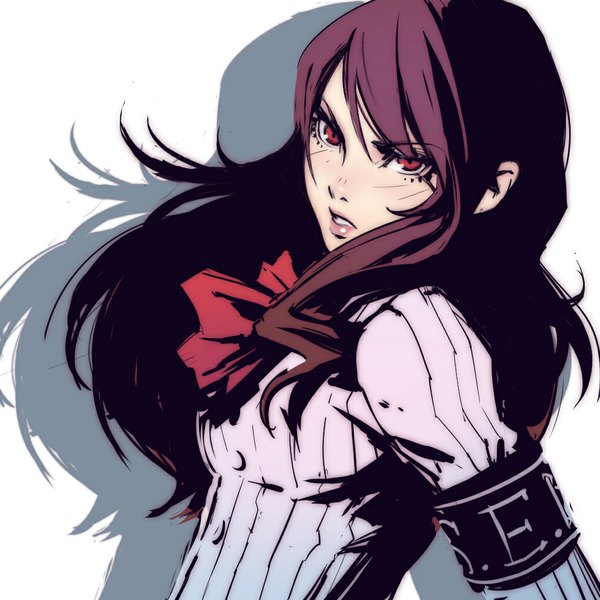Anime picture 1024x1024 with persona 3 persona kirijou mitsuru ilya kuvshinov single long hair looking at viewer fringe breasts open mouth red eyes white background red hair lips shadow turning head hands behind back revision angry girl