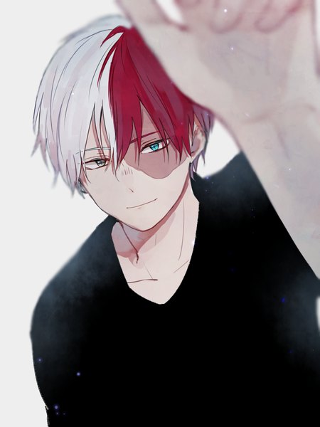 Anime picture 768x1024 with boku no hero academia studio bones todoroki shouto suzu (pixiv4928382) single tall image looking at viewer short hair simple background upper body white hair red hair multicolored hair light smile from above grey background two-tone hair heterochromia scar boy