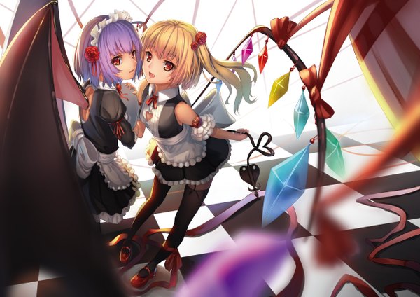 Anime picture 2480x1754 with touhou flandre scarlet remilia scarlet musynexsk highres short hair open mouth blonde hair red eyes multiple girls purple hair teeth fang (fangs) checkered floor girl thighhighs dress weapon black thighhighs 2 girls