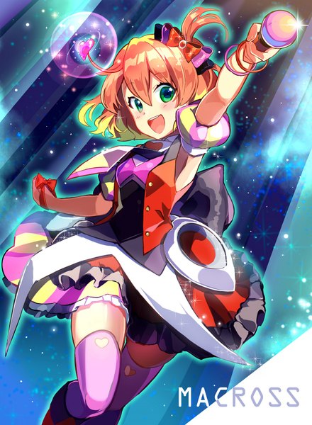 Anime picture 1300x1772 with macross macross delta freyja wion kayei nou single tall image looking at viewer blush fringe short hair open mouth smile hair between eyes holding green eyes bent knee (knees) orange hair sparkle armpit (armpits) zettai ryouiki