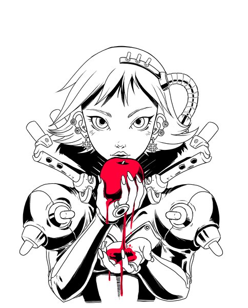Anime picture 968x1200 with snow white and the seven dwarfs snow white magna-omega single tall image looking at viewer short hair simple background white background holding upper body alternate costume monochrome spot color steam punk girl earrings fruit apple