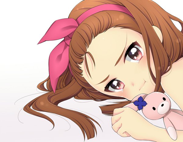 Anime picture 1000x776 with idolmaster minase iori masato ayame long hair blush brown hair white background pink eyes girl bow hair bow hairband toy stuffed animal stuffed rabbit