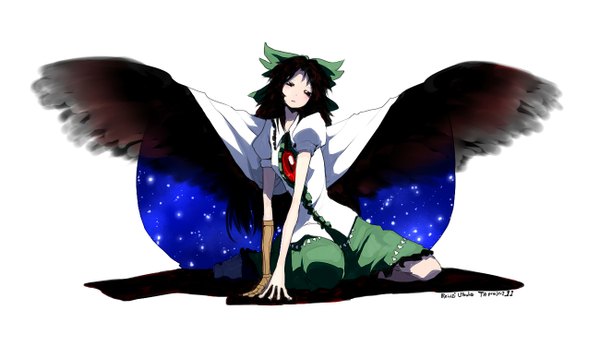 Anime picture 1300x750 with touhou reiuji utsuho oso (pixiv) single long hair black hair red eyes wide image white background kneeling black wings starry sky print space print girl bow hair bow