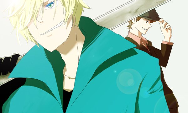 Anime picture 1278x772 with baccano! graham spector blue eyes blonde hair smile wide image white background boy wrench