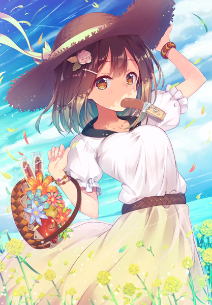 Anime picture 583x837 with love live! sunshine!! sunrise (studio) love live! kunikida hanamaru kokusan moyashi single tall image looking at viewer short hair breasts brown hair brown eyes cloud (clouds) outdoors hair flower wind shadow short sleeves puffy sleeves adjusting hat