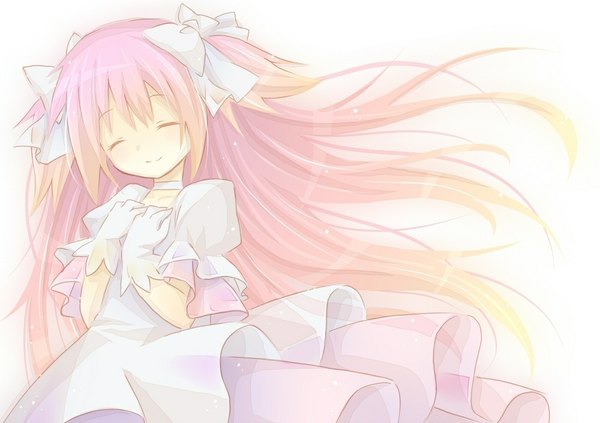 Anime picture 1100x777 with mahou shoujo madoka magica shaft (studio) kaname madoka goddess madoka tagme (artist) single long hair fringe simple background smile white background twintails eyes closed very long hair multicolored hair light smile short twintails gradient hair girl dress