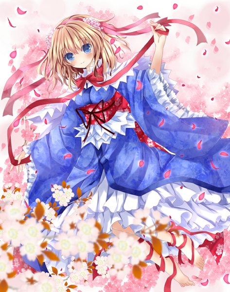 Anime picture 800x1014 with touhou alice margatroid nanase nao single tall image looking at viewer blush short hair blue eyes blonde hair girl dress flower (flowers) ribbon (ribbons) petals hairband