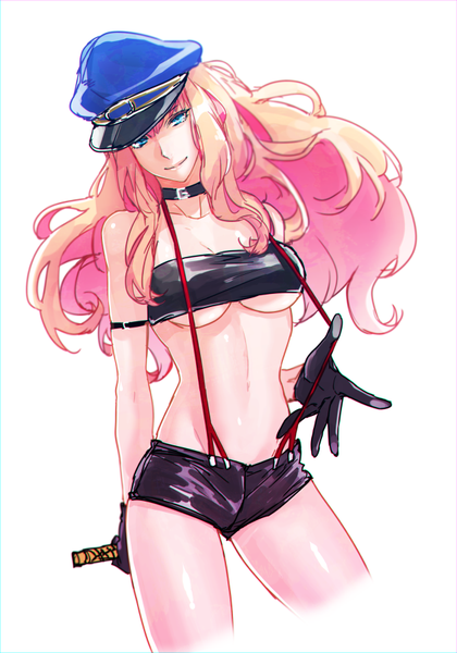 イラスト 630x900 と マクロス マクロス Frontier sheryl nome 巖本英利 ソロ 長髪 長身像 カメラ目線 おっぱい light erotic 金髪 simple background 笑顔 白背景 aqua eyes 下乳 女の子 手袋 黒い手袋 ショーツ