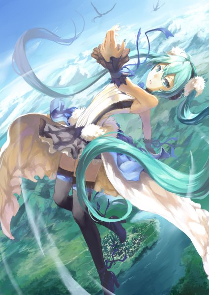 Anime picture 850x1200 with 7th dragon vocaloid hatsune miku stflash kirakira single tall image twintails very long hair aqua eyes aqua hair flying river girl thighhighs dress black thighhighs