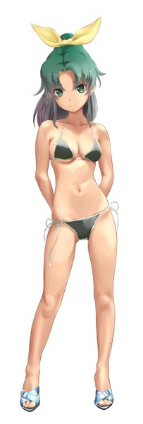 Anime picture 491x1447 with precure smile precure! toei animation midorikawa nao wa (genryusui) single long hair tall image breasts light erotic simple background standing white background green eyes green hair light smile hands behind back girl navel swimsuit