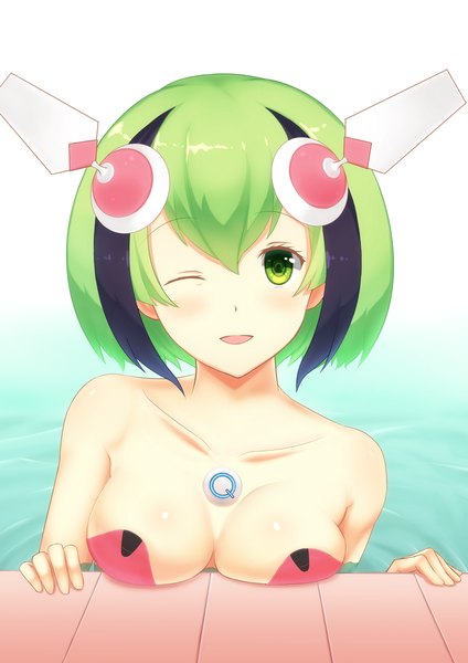 Anime picture 848x1200 with dimension w yurizaki mira panysua single tall image looking at viewer short hair breasts open mouth light erotic green eyes one eye closed multicolored hair green hair wink two-tone hair girl hair ornament