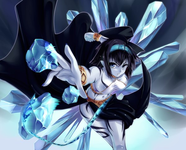 Anime picture 1581x1280 with tales of (series) celsius nksk (artist) single short hair blue eyes black hair pointy ears tattoo outstretched arm girl skirt navel bracelet hairband crystal
