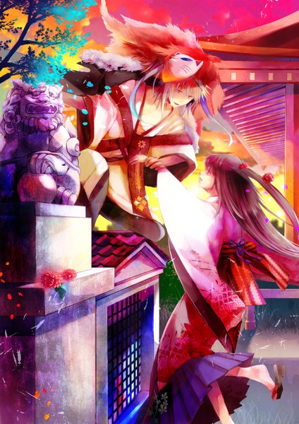 Anime picture 1202x1700 with original ali (artist) long hair tall image red eyes brown hair sky cloud (clouds) japanese clothes multicolored hair girl boy bow petals belt kimono mask statue japanese house