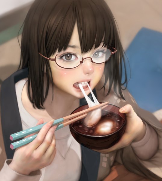 Anime picture 866x967 with original mujiha (mlog) single tall image looking at viewer blush fringe short hair brown hair holding brown eyes traditional clothes japanese clothes from above blurry realistic wide sleeves teeth shiny skin eating