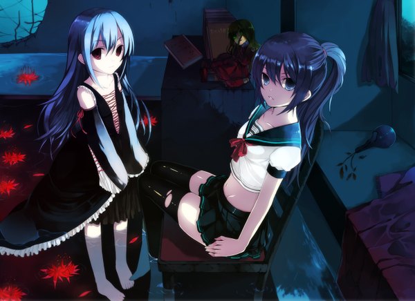 Anime picture 1320x960 with original hase neet long hair looking at viewer blue eyes red eyes sitting multiple girls blue hair ponytail barefoot from above girl thighhighs uniform flower (flowers) black thighhighs 2 girls detached sleeves petals