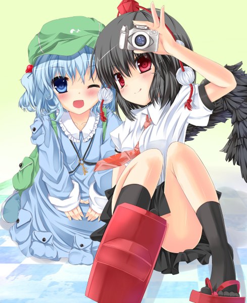 Anime picture 1000x1225 with touhou shameimaru aya kawashiro nitori fujieda uzuki tall image short hair open mouth blue eyes light erotic black hair smile red eyes multiple girls blue hair one eye closed wink girl dress 2 girls wings