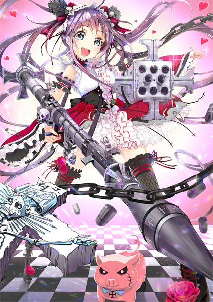 Anime picture 707x1000 with original keepout single long hair tall image looking at viewer open mouth blue eyes purple hair girl thighhighs dress flower (flowers) weapon black thighhighs frills heart gun chain skull