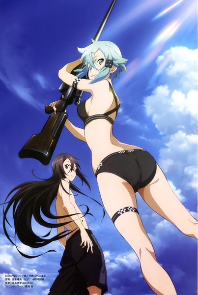 Anime picture 1944x2893 with sword art online a-1 pictures kirigaya kazuto asada shino long hair tall image highres short hair blue eyes light erotic black hair blue hair sky cloud (clouds) scan official art girl boy weapon swimsuit