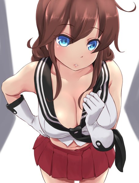 Anime picture 1313x1730 with kantai collection noshiro light cruiser wa (genryusui) single long hair tall image looking at viewer blush breasts blue eyes light erotic brown hair cleavage from above no bra hand on hip girl skirt gloves miniskirt