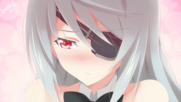Anime picture 2000x1130 with infinite stratos 8bit laura bodewig ric9duran single long hair blush highres wide image bare shoulders pink eyes grey hair embarrassed coloring close-up face girl bowtie eyepatch