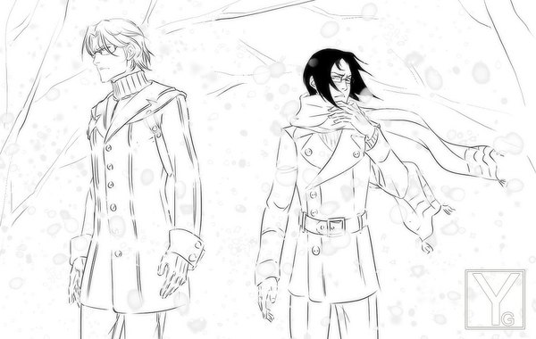 Anime picture 900x571 with bleach studio pierrot ishida uryuu ishida ryuuken yana goya (artist) short hair black hair standing white background white hair wind multiple boys monochrome snowing winter adjusting clothes lineart father and son boy gloves