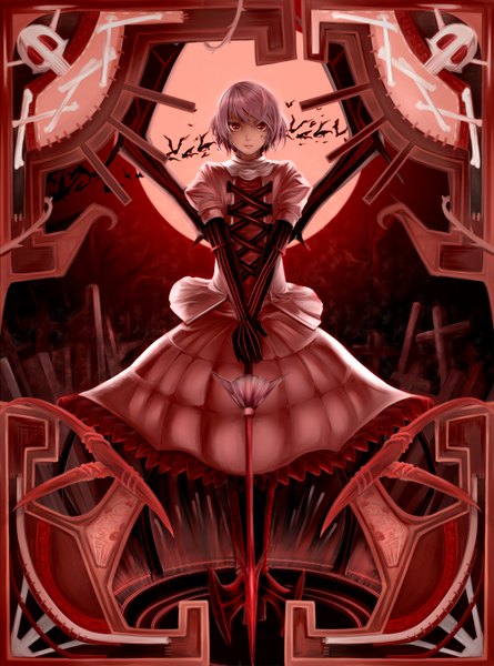 Anime picture 1000x1348 with touhou remilia scarlet sumire (spicegirls) single tall image short hair red eyes silver hair red moon girl dress gloves weapon sword elbow gloves bat