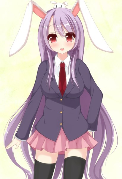 Anime picture 1100x1605 with touhou reisen udongein inaba chimunge single long hair tall image blush open mouth red eyes purple hair bunny ears zettai ryouiki girl thighhighs skirt black thighhighs miniskirt