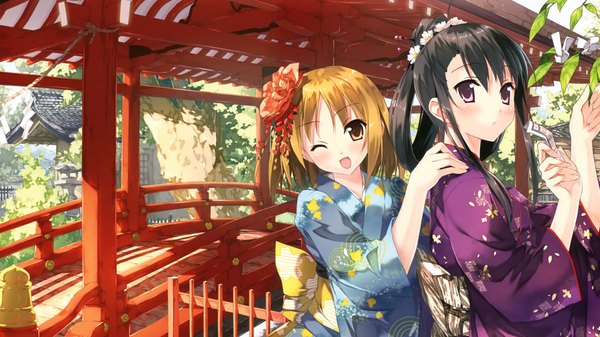 Anime picture 2048x1152 with original kantoku long hair looking at viewer blush highres short hair open mouth black hair blonde hair smile wide image purple eyes multiple girls yellow eyes traditional clothes japanese clothes one eye closed wink turning head