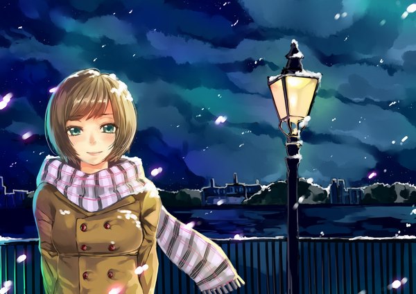Anime picture 1227x868 with original arios (orochi yuta) single looking at viewer blush fringe short hair breasts smile brown hair cloud (clouds) aqua eyes night night sky snowing winter hands behind back glow girl water