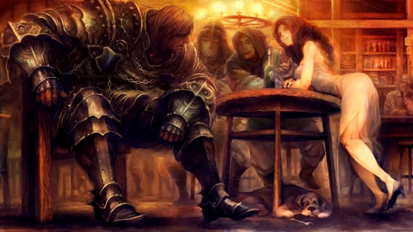 Anime picture 2560x1440 with dragon's crown vanillaware long hair highres wide image sitting bone (bones) girl boy gloves animal armor hood chair table bottle lantern dog room people