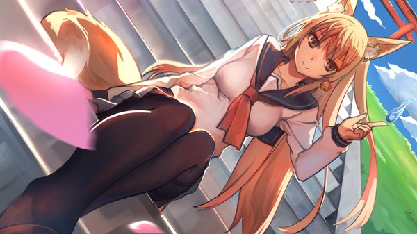Anime picture 1920x1080 with original kamisakai single long hair looking at viewer fringe highres breasts blonde hair smile wide image sitting brown eyes animal ears payot sky cloud (clouds) bent knee (knees) outdoors tail