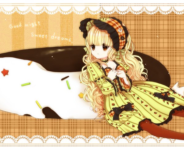 Anime picture 1667x1351 with momoshiki tsubaki blonde hair brown eyes loli curly hair girl dress