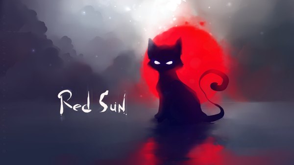 Anime picture 1920x1080 with original apofiss highres wide image inscription wallpaper silhouette eyes animal cat sun