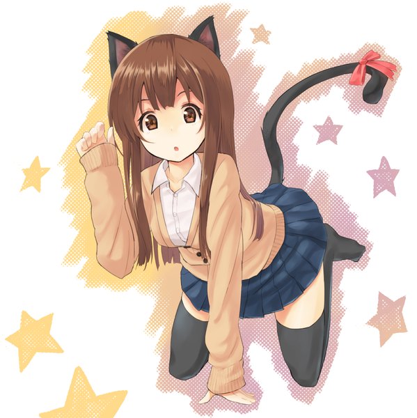 Anime picture 1177x1179 with original melsy single long hair tall image brown hair brown eyes animal ears tail animal tail cat ears cat girl cat tail girl thighhighs skirt bow black thighhighs hair bow star (symbol)