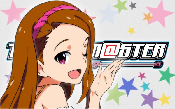 Anime picture 2560x1600 with idolmaster minase iori single long hair highres open mouth brown hair wide image one eye closed pink eyes wink floral (idolmaster) girl hairband star (symbol)