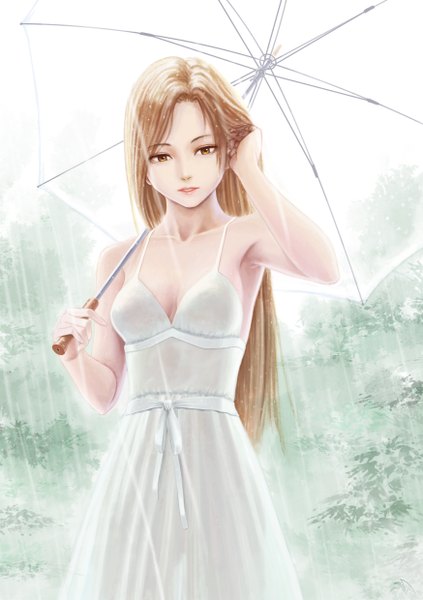 Anime picture 1748x2480 with original darkmuleth single long hair tall image looking at viewer highres brown hair brown eyes transparent umbrella girl umbrella sundress