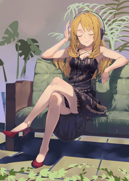 Anime picture 2590x3624 with idolmaster hoshii miki shinjiro single long hair tall image highres light erotic blonde hair smile sitting ahoge eyes closed crossed legs girl dress headphones couch digital media player