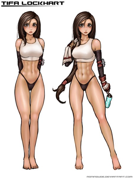 Anime picture 3000x4000 with final fantasy final fantasy vii square enix tifa lockhart ronin dude (ray cornwell) long hair tall image looking at viewer highres breasts light erotic black hair simple background standing white background brown eyes lips midriff hands behind back dual persona