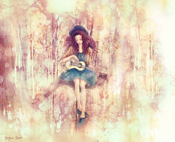 Anime picture 1000x814 with original nhienan single long hair blush sitting holding eyes closed playing instrument curly hair girl dress hat shoes jacket sundress musical instrument ukulele